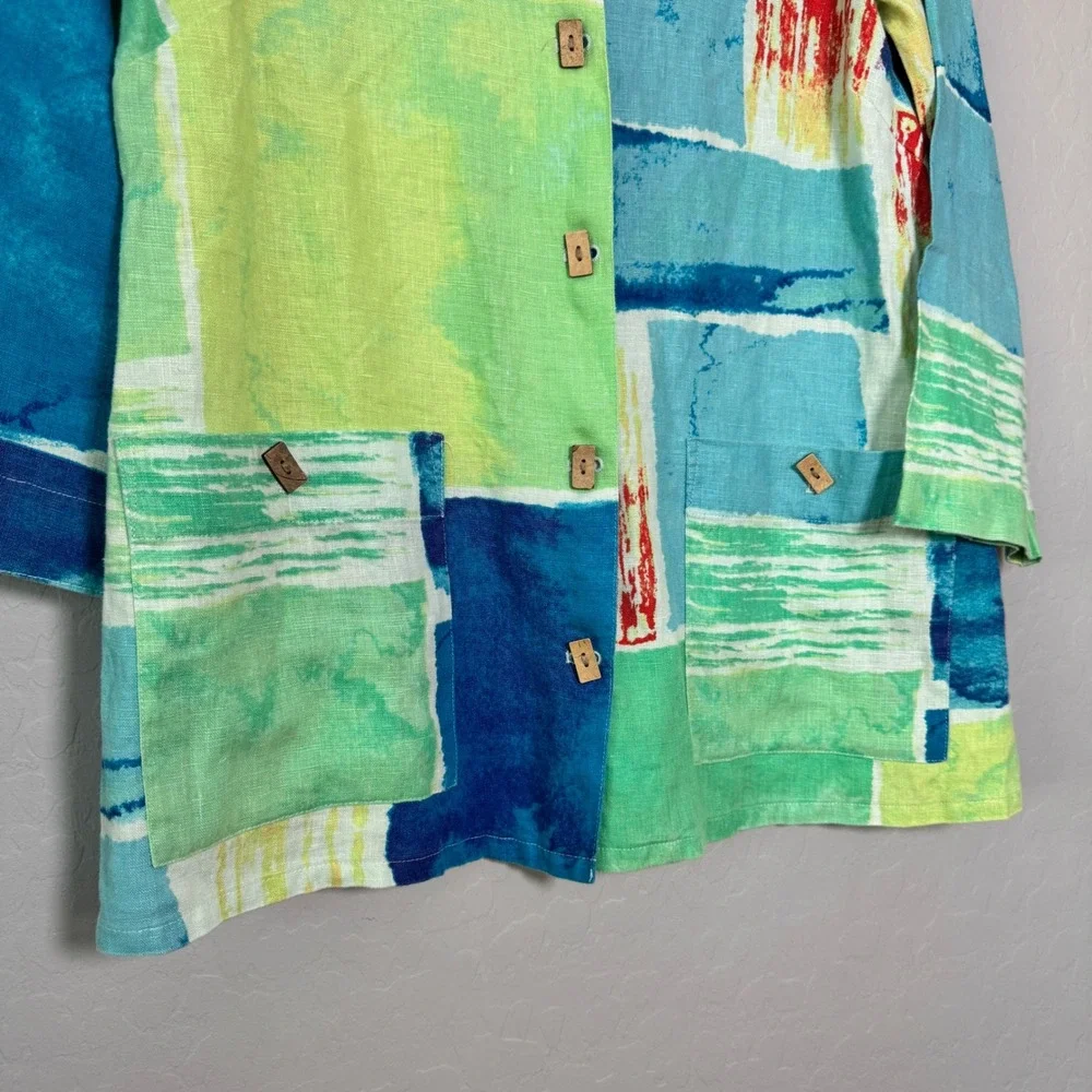 Ali Miles Small Multicolor Linen Button Up Abstract Print Button Front Shirt - Picture 2 of 6